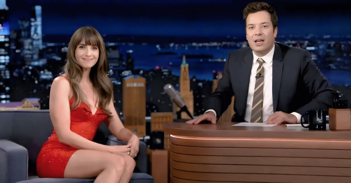 Alison Brie with Jimmy Fallon on The Tonight Show promoting Alison Brie movies and TV shows.