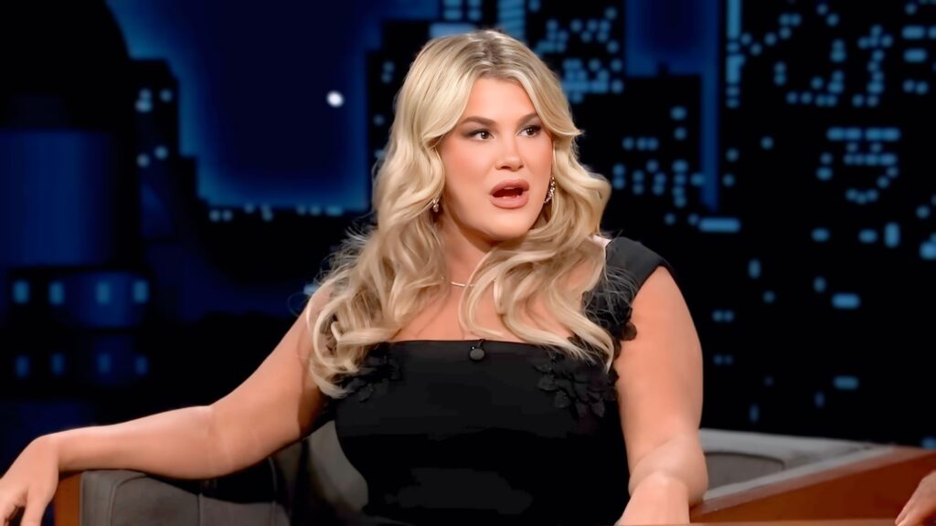 Heather McMahan reacting with surprise while sharing her neck job experience on Jimmy Kimmel Live.