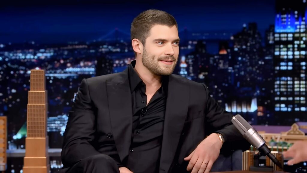 David Corenswet in black suit on The Tonight Show with Jimmy Fallon