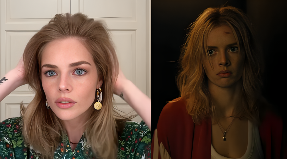 Samara Weaving in a glamorous Vogue-inspired pose alongside a dramatic scene from her Borderline movie trailer, highlighting her versatile screen presence.