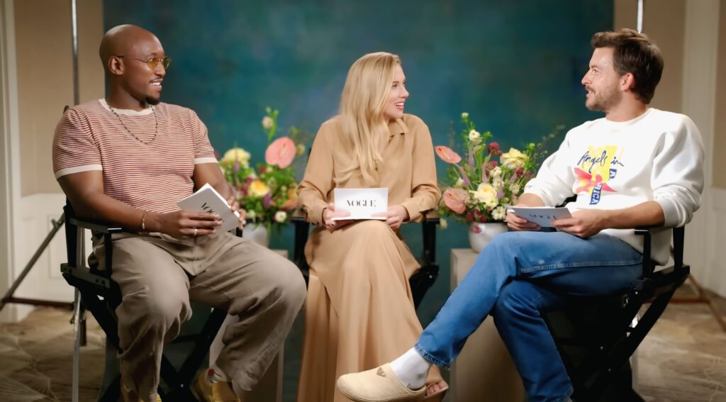 Scarlett Johansson, Mahershala Ali, Jonathan Bailey during Jurassic World: Rebirth Vogue interview